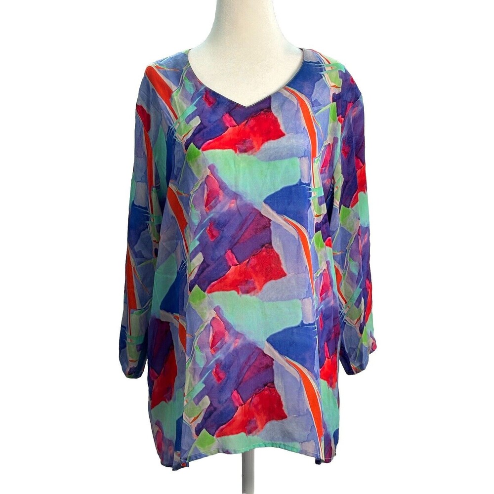 APNY Womens Geometric Colorful Blouse Casual Retro Lightweight Silky Soft SZ XXL